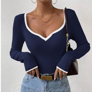 Navy Blue Rib Knit Sweetheart Neck Contrast White Trim